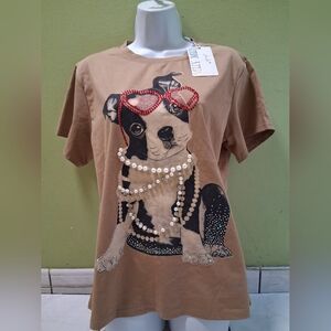 Brown T-Shirt with Dog and Beads Design
